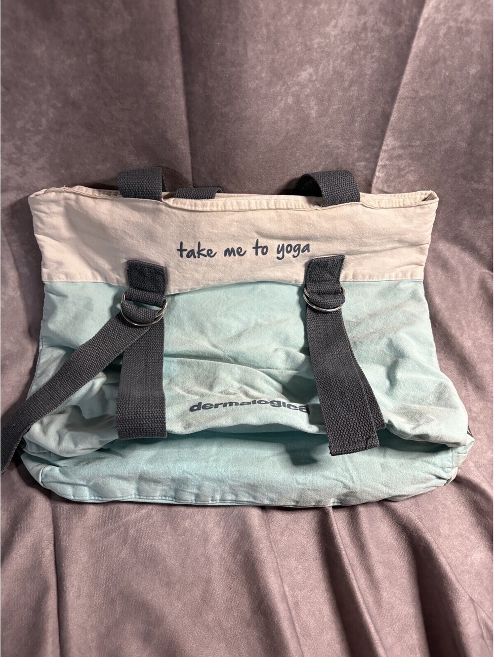 Dermalogica “Take Me to Yoga” Tote Bag Blue Cream Canvas Gym Mat Carryall Promo
